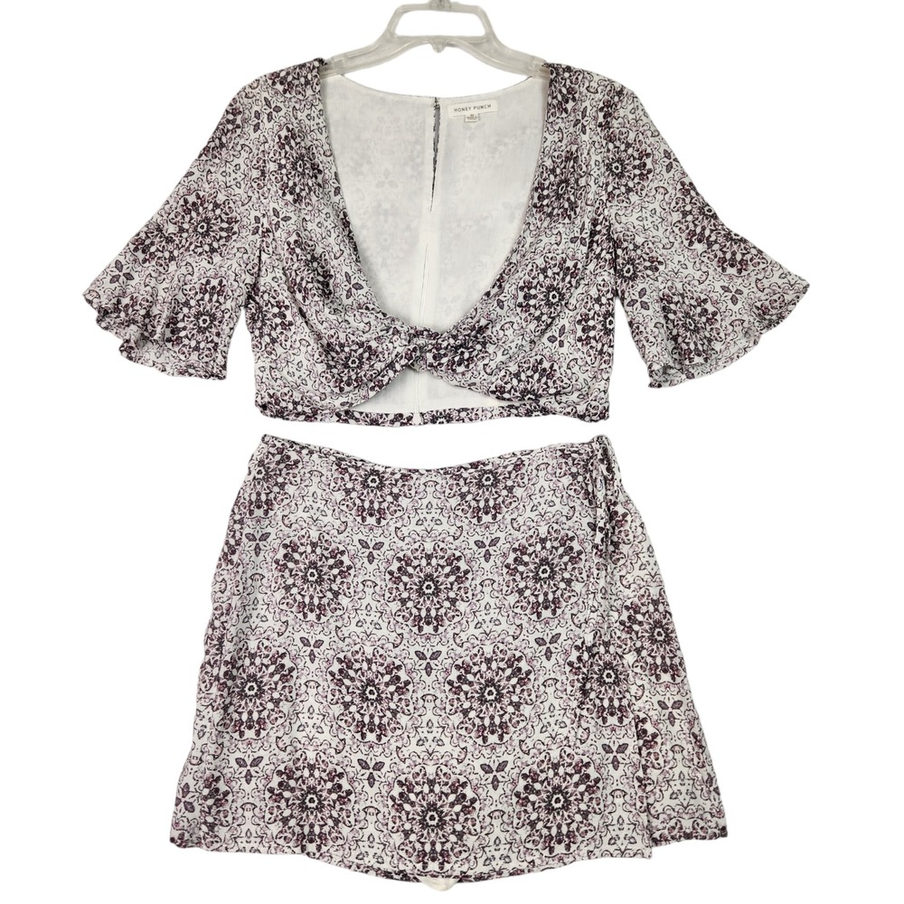 Honey Punch 2 Piece Set M Purple Crop Top Mini Skort Faux Wrap Boho Y2K Festival